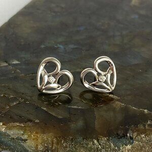Sterling Silver 925 NDI 0.42" Dainty Round Diamond Open Heart Stud Earrings